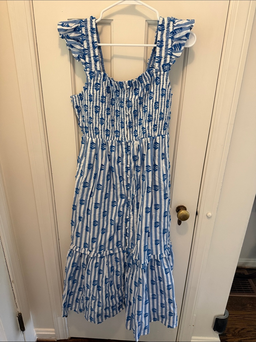 NWT Anthropologie Blue & White Striped Floral Smocked Midi Dress